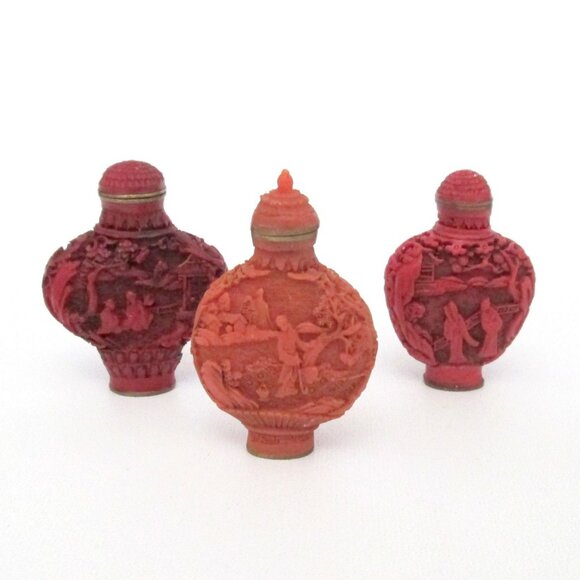 Vintage 3 Chinese Resin Small Snuff Bottles Lot Orange Red -Small Flaws- - Picture 1 of 12